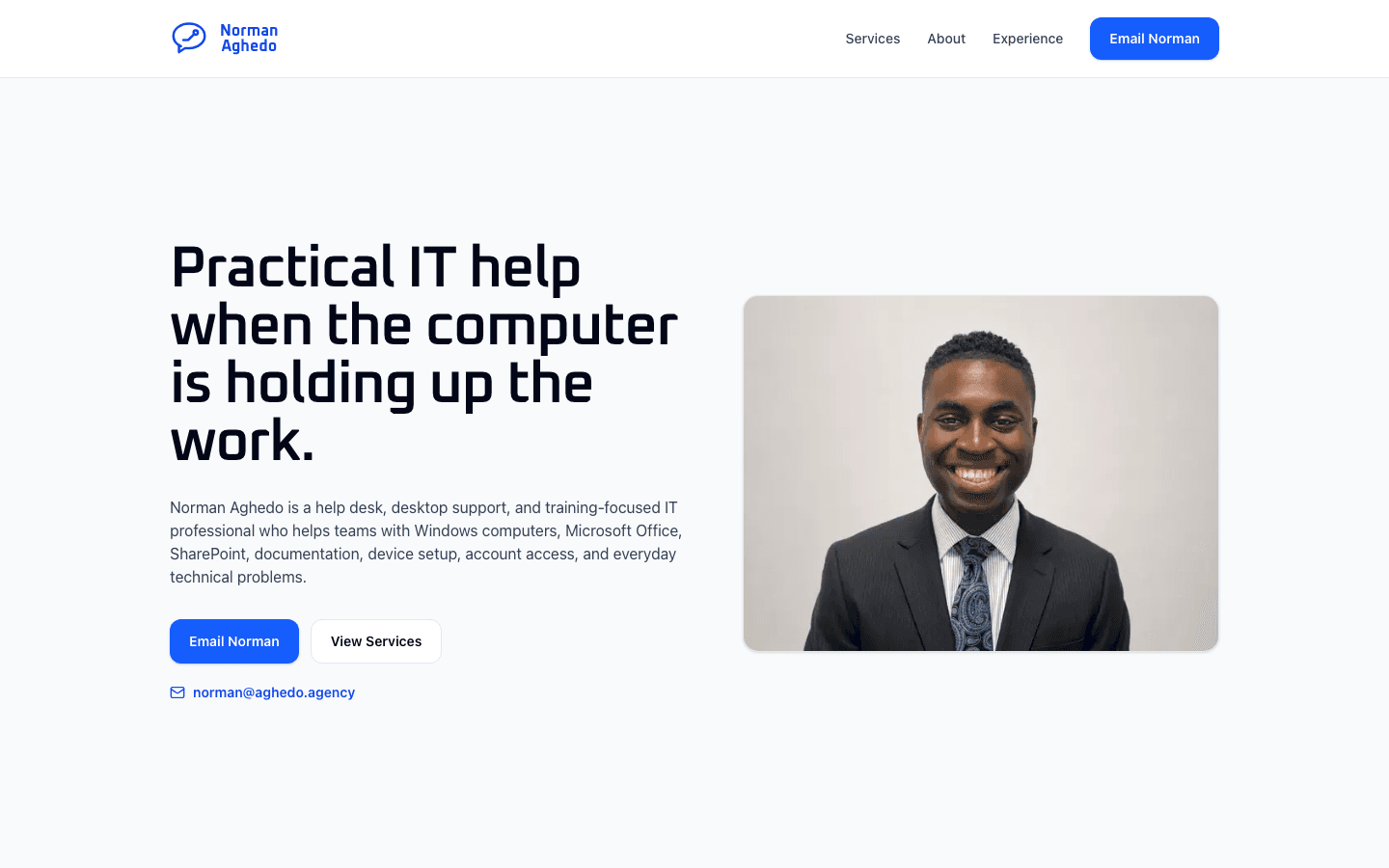 Above-the-fold screenshot of the Aghedo Agency homepage showing practical IT support services