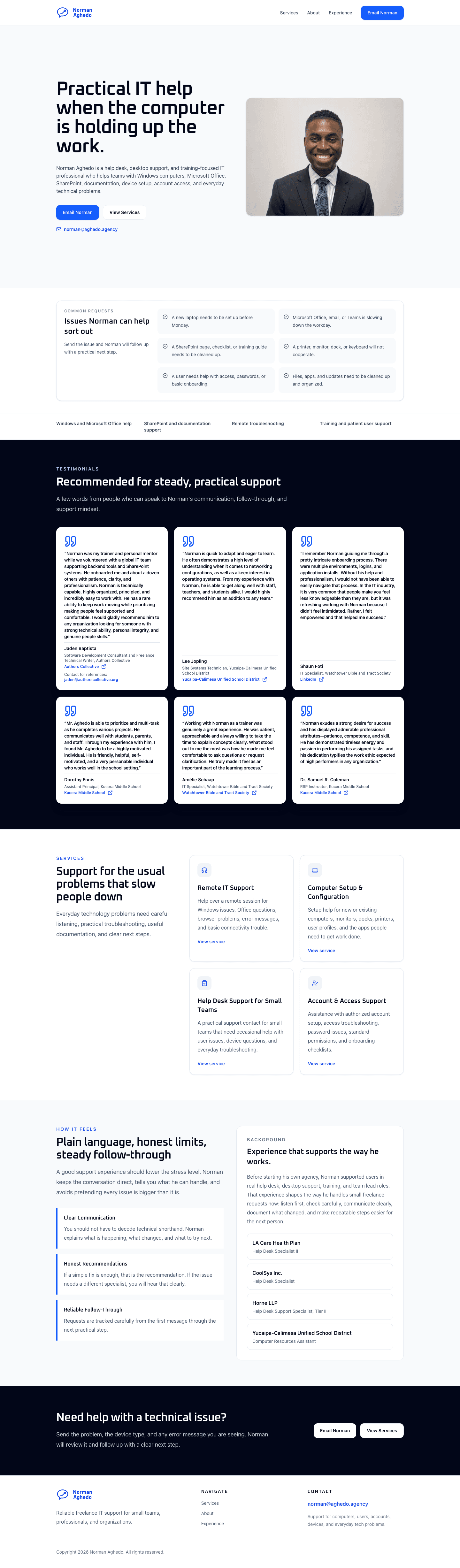 Aghedo Agency homepage showing practical IT support services for small teams