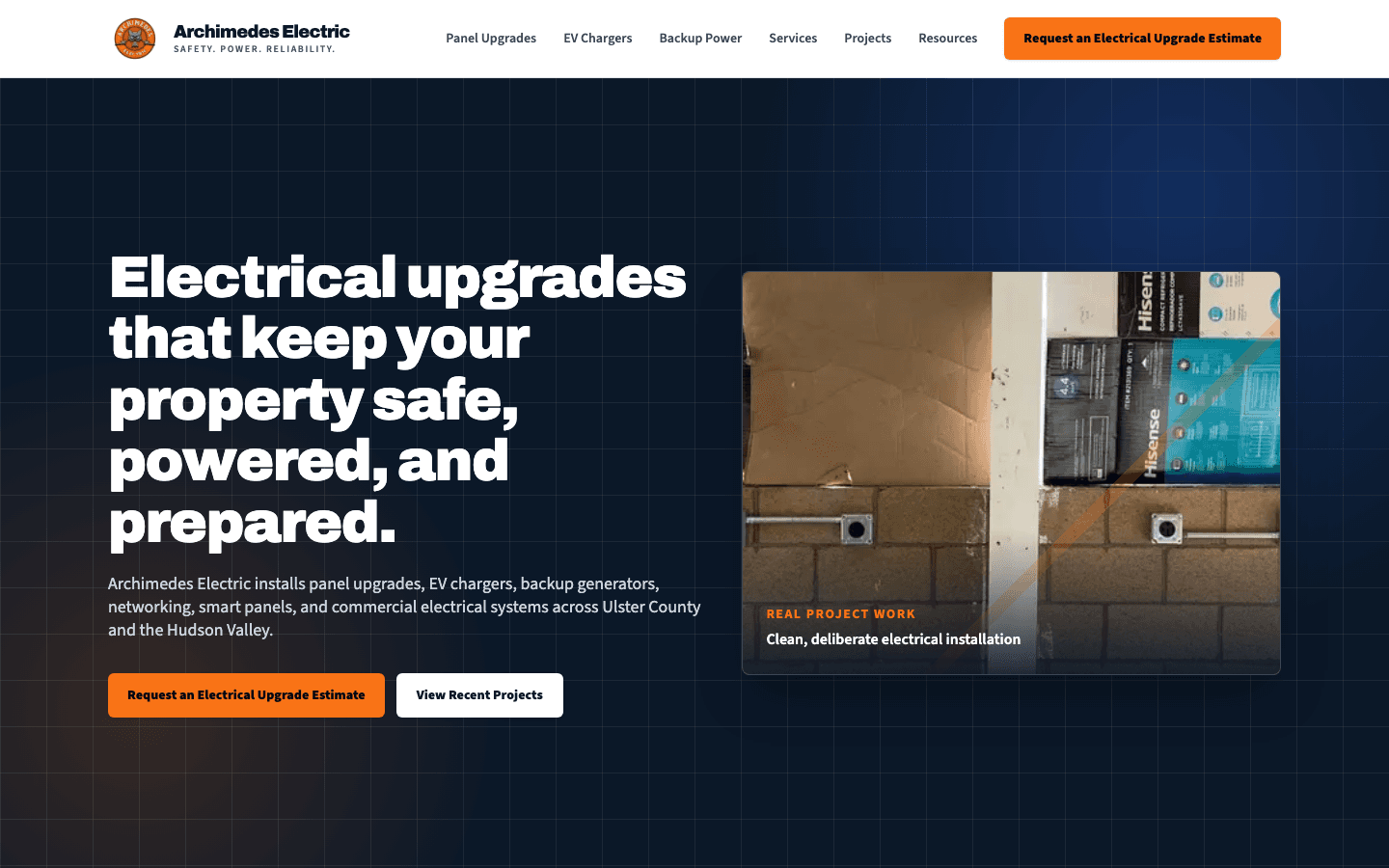 Above-the-fold screenshot of the Archimedes Electric homepage showing electrical upgrade services