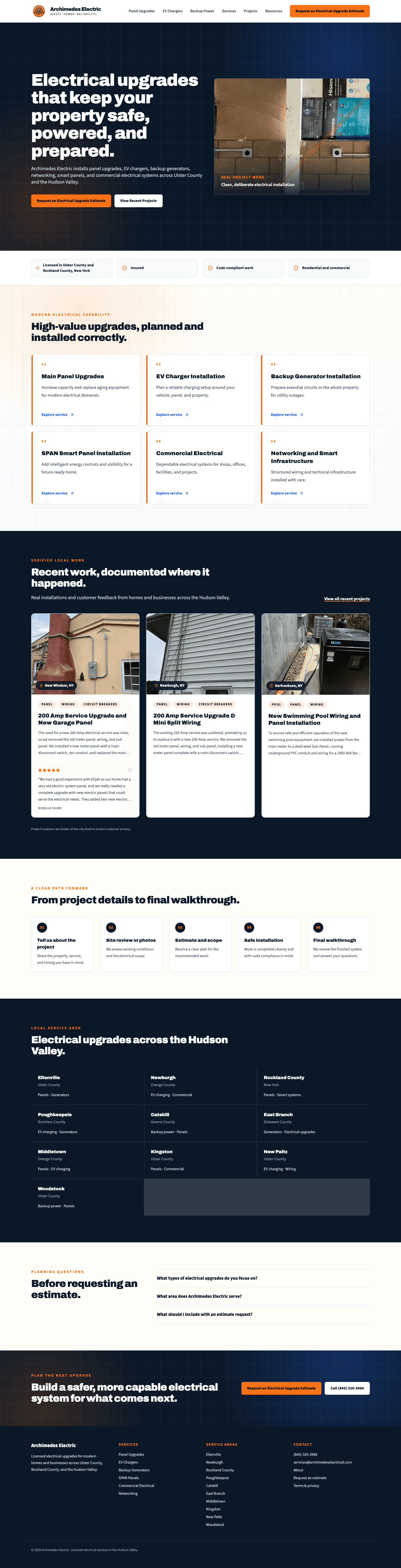Archimedes Electric homepage showing electrical upgrade services and recent project work