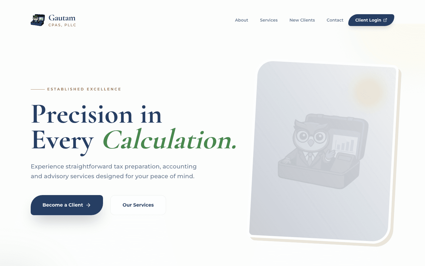 Above-the-fold screenshot of the Gautam CPAs homepage showing its precision-focused brand