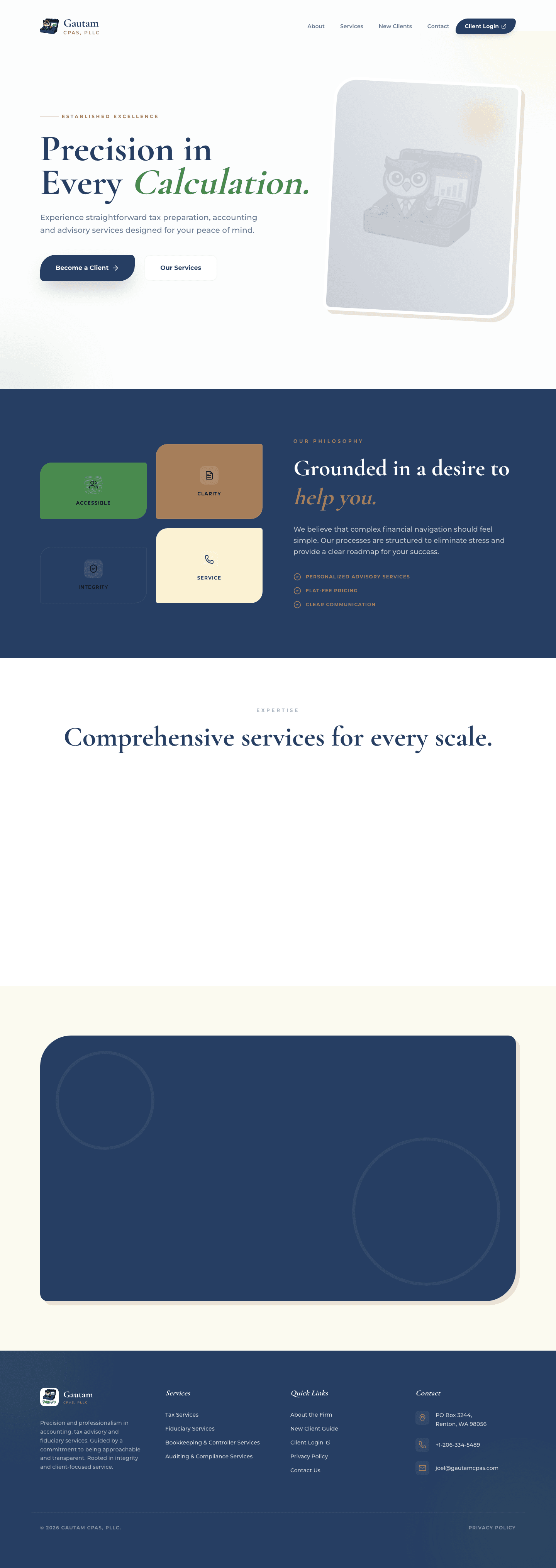 Gautam CPAs homepage showing its precision-focused brand and accounting services