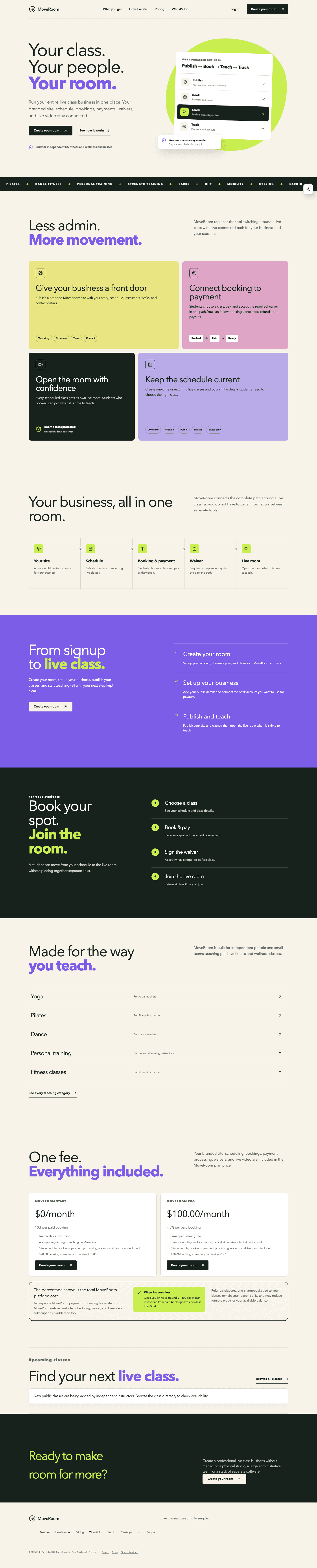 MoveRoom application homepage showing class, payment, and room features